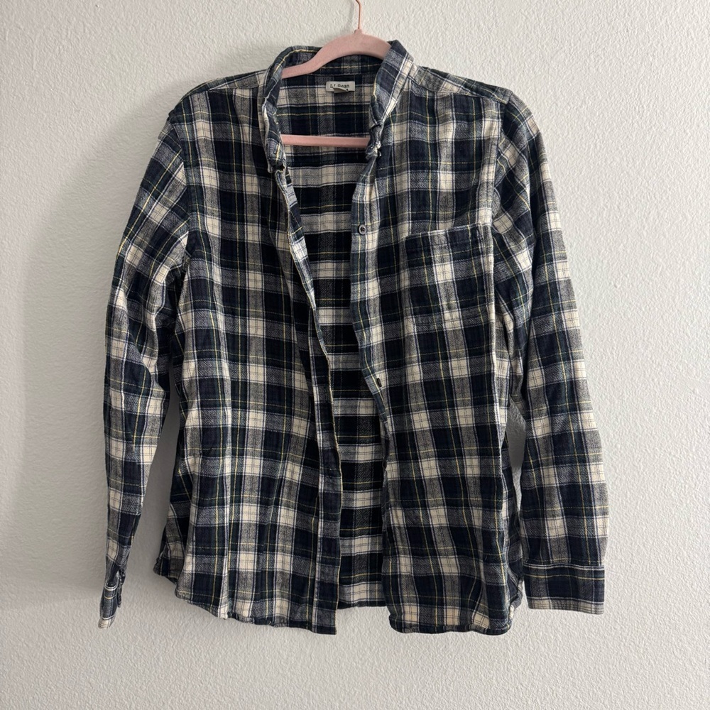 LL Bean Women’s Vintage Blue Plaid Flannel Button Down Top Size XL
